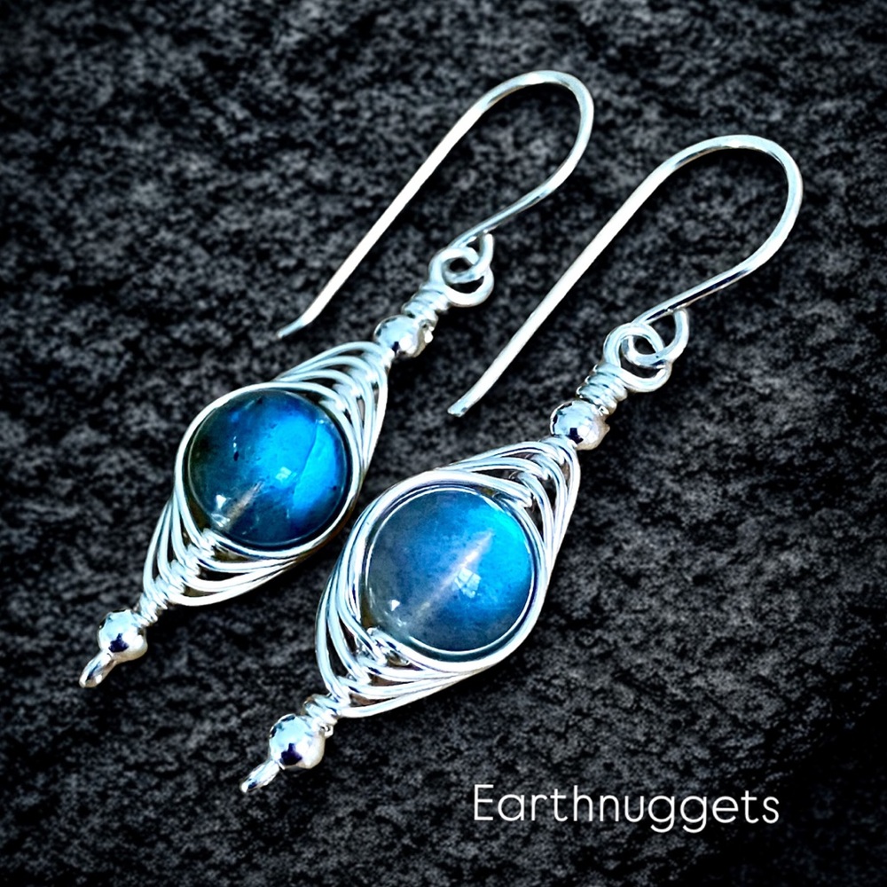 .925 Sterling Silver & Labradorite Herringbone weave Wire Wrap Earrings